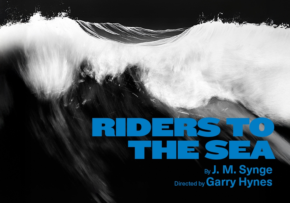 A black-and-white photograph of a large wave. In the bottom right in blue is the show title and names of the writer and director.