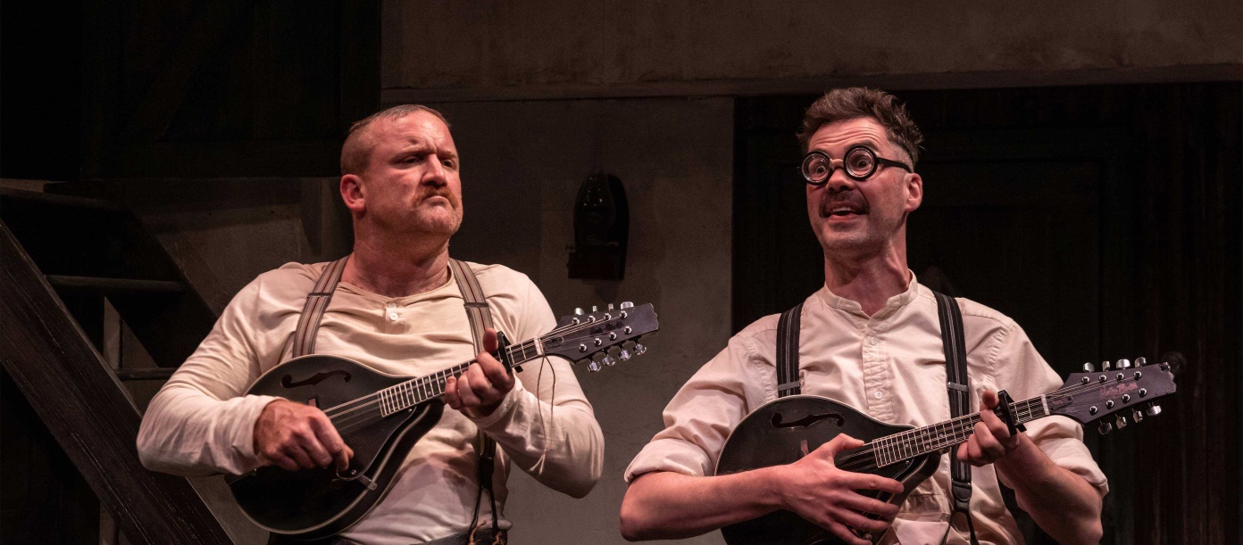 A production photo of The End of the Beginning as part of Three Short Comedies by Seán O'Casey featuring actors Rory Nolan and Marty Rea