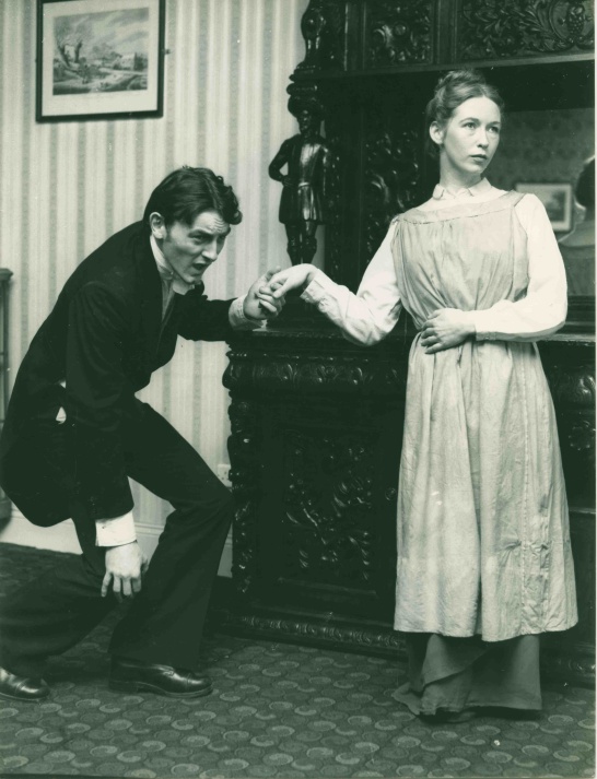 A black-and-white production photo of Paul O'Neill and Marie Mullen in Chekhov's The Proposal.
