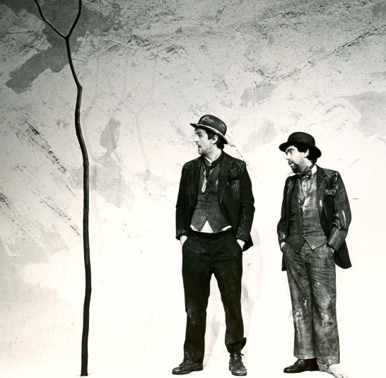 A black-and-white production photo featuring Seán McGinley and Ray McBride in Waiting for Godot by Samuel Beckett.