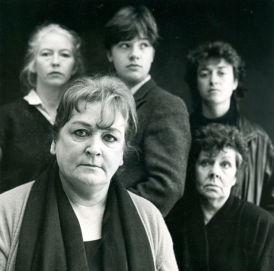 A black-and-white promotional photo featuring the cast of The Factory Girls by Frank McGuinness (1988).