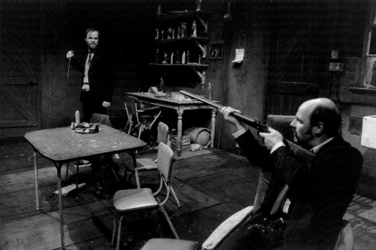 A black-and-white production photo The Lonesome West by Martin McDonagh featuring Brían F. O'Byrne and Maelíosa Stafford.