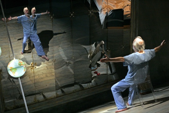 A production photo of Empress of India by Stuart Carolan featuring Seán McGinley in front of a large mirror.