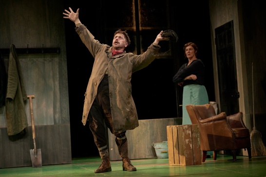 A production photo from Juno and the Paycock as part of DruidO'Casey (2023) featuring actors Aaron Monaghan and Hilda Fay.
