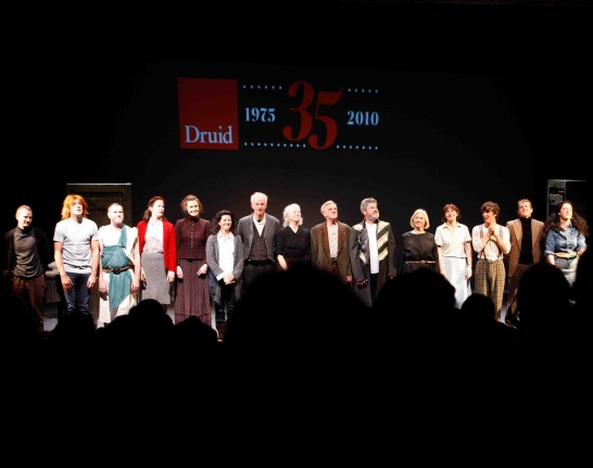 A large group of people on the stage at the Town Hall Theatre for the curtain call at Druid's 35th anniversary celebrations.