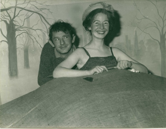 A black-and-white production photo of Happy Days with Mick Lally on the left and Marie Mullen on the right.