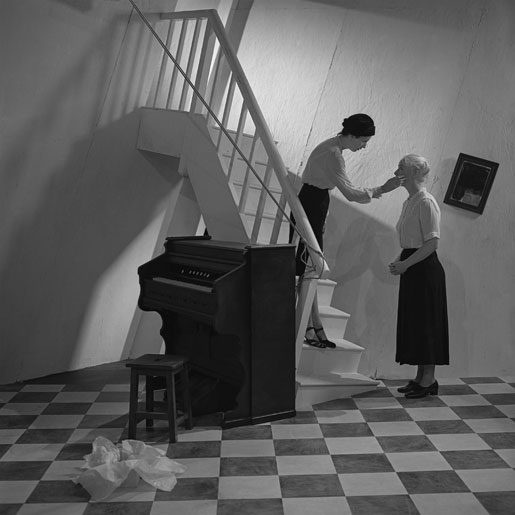 Ingrid Craigie and Marie Mullen in a black-and-white production photo of Lovers' Meeting by Louis D'Alton.