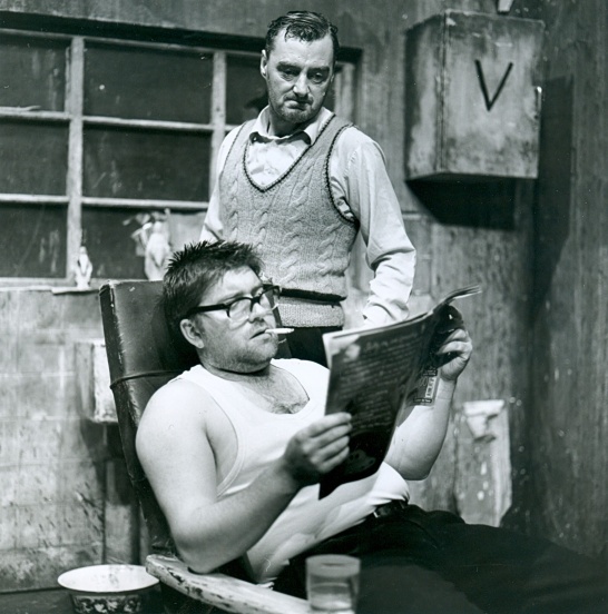 A black-and-white production photo of The Lonesome West by Martin McDonagh featuring Pat Shortt and Jon Kenny.