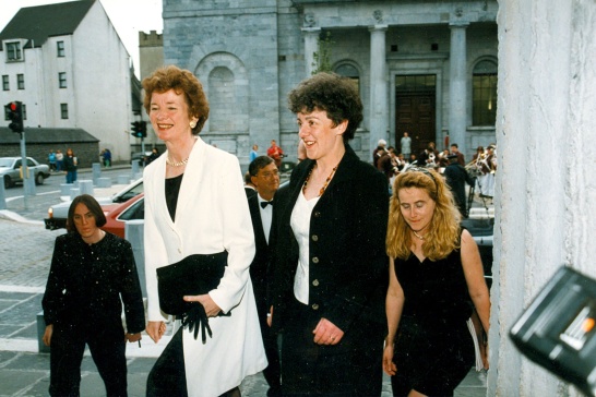 President of Ireland Mary Robinson and Garry Hynes on the steps of the Town Hall Theatre, Galway.