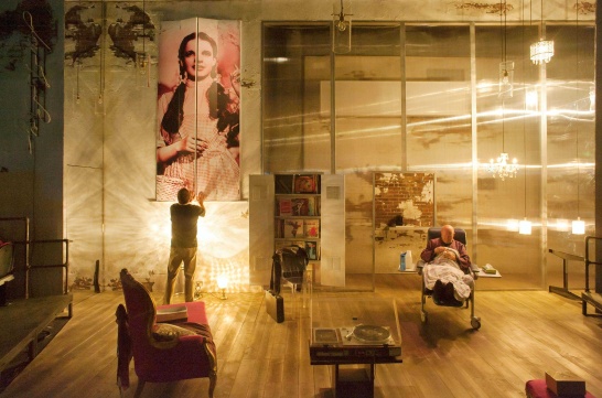 A wide-shot production photo of Sonya Kelly's Furniture featuring Garrett Lombard and Niall Buggy.