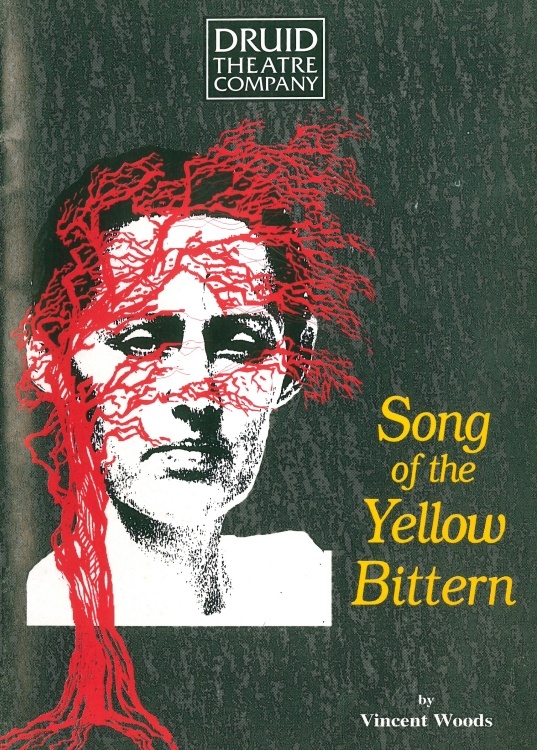 The cover of the show programme for Song of the Yellow Bittern by Vincent Woods. A red tree is overlaid on a black-and-white photo of a woman. The show title sits to the right in yellow.