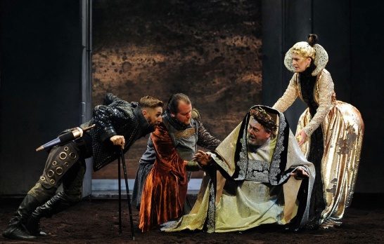 A production photo of DruidShakespeare: Richard III featuring Aaron Monaghan, Garrett Lombard, John Olohan and Jane Brennan.