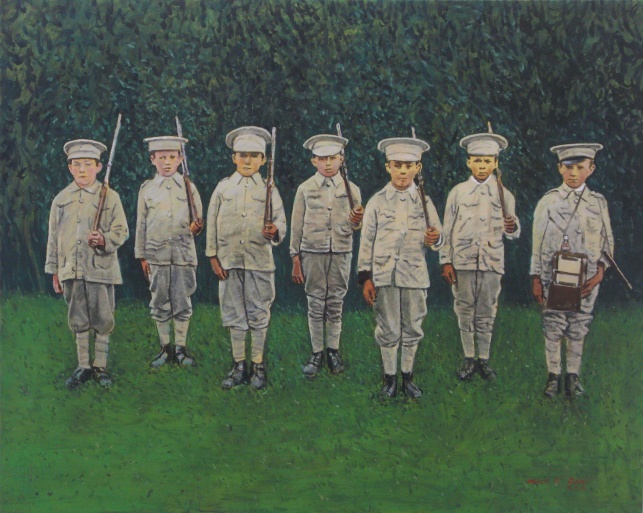 			'Attention', acrylic on canvas, by Mick O'Dea, based on a photograph by Jack Leonard, 120cm x 150cm.