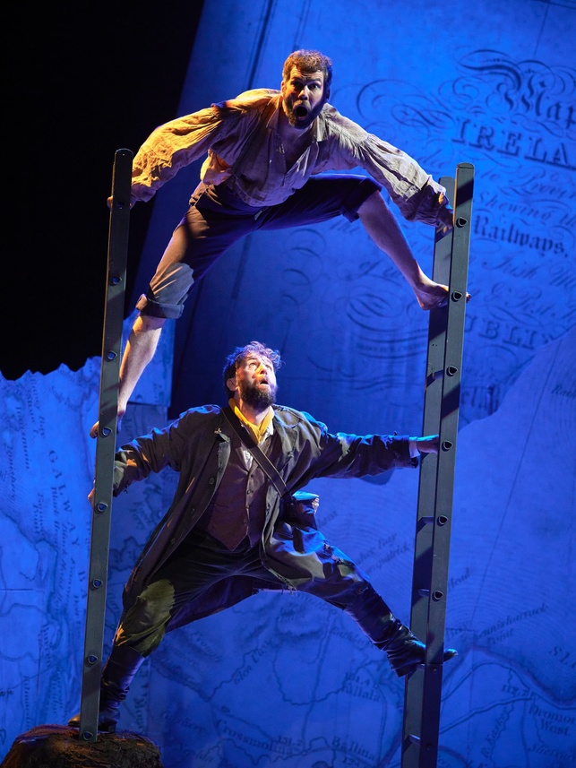 Marty Rea as Robert Ffolliott and Aaron Monaghan as Conn 'The Shaughraun' scale ladders
