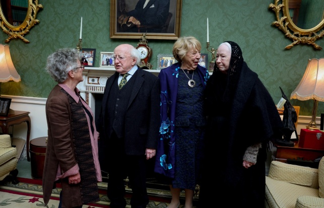 <p>President Michael D. Higgins and Sabina Higgins with the co-founders of Druid Theatre Garry Hynes and Marie Mullen at Áras an Uachtaráin to mark Druid's 50th anniversary.</p>
		