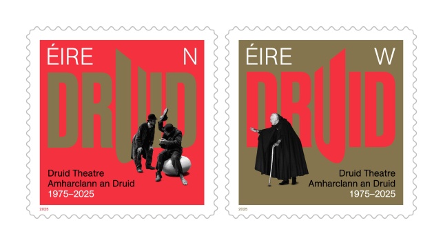 An image of two stamps on a white background, one stamp is red, the other gold.