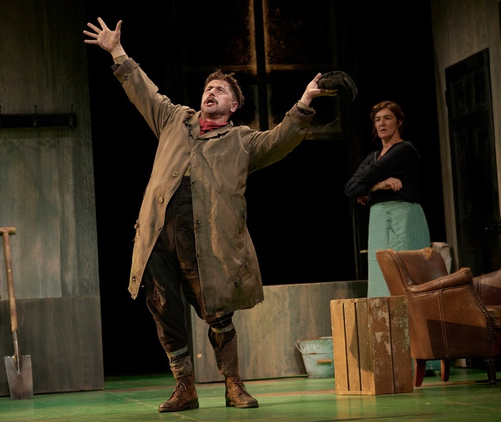 A production photo from Juno and the Paycock as part of DruidO'Casey (2023) featuring actors Aaron Monaghan and Hilda Fay.