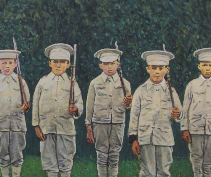 A painting by artist Mick O'Dea featuring five boys dressed as soldiers against a green hedge.