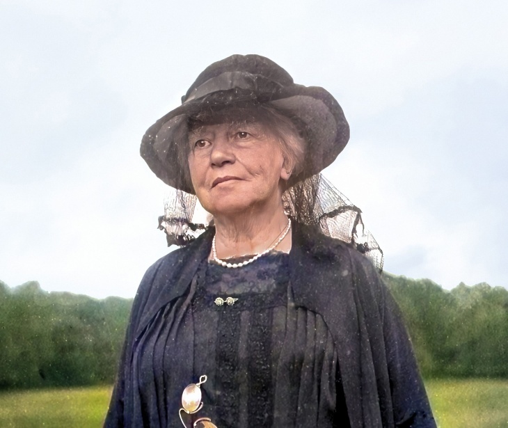 A colourised image of Lady Gregory dressed in black, looking off to the left, standing in a field in the open air.