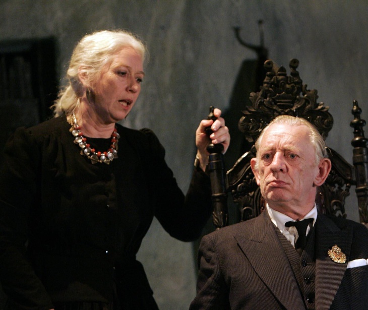 A production photo featuring actors Marie Mullen and Mick Lally in Deirdre of the Sorrows by J. M. Synge as part of DruidSynge (2005).