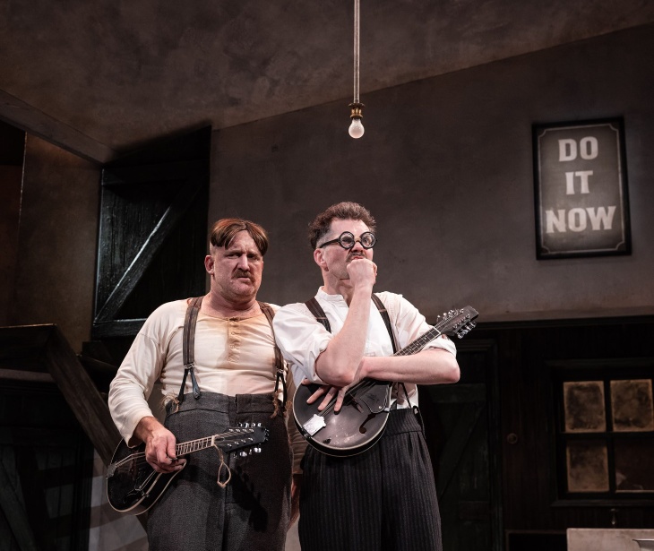 A production photo from The End of the Beginning as part of Three Short Comedies by Seán O'Casey featuring actors Rory Nolan and Marty Rea