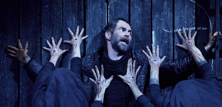 Macbeth (Marty Rea) and the Three Witches (Caitríona Ennis, Emmet Farrell, Pattie Maguire) in Shakespeare's Macbeth, a 2025 Druid production directed by Garry Hynes. Photo: Ros Kavanagh.